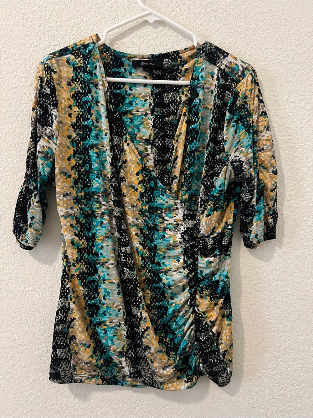 Style & Co. Teal Black Gold Abstract Wrap-Front Tunic